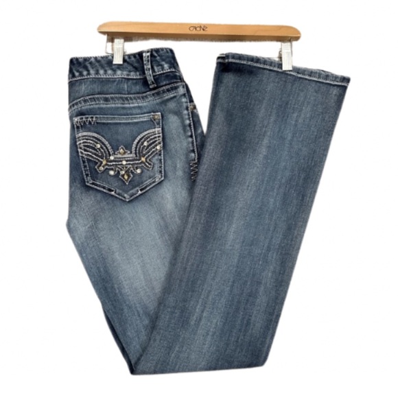 Like New Cache Gold Tone Embellished Flare Denim Jeans | 8 - Picture 1 of 10